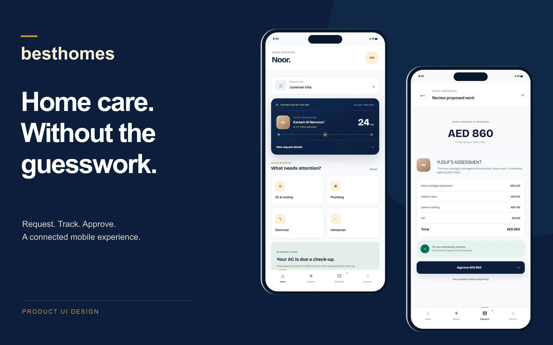 Besthomes product UI cover showing the customer home and price approval mobile screens on a navy background