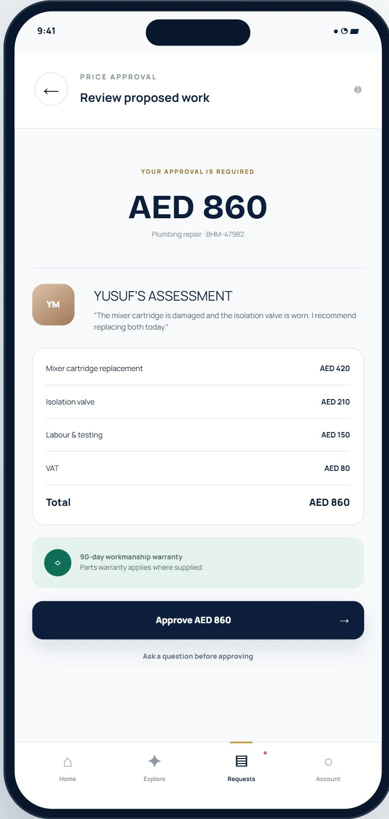 Customer price approval screen with technician assessment, itemised parts and labour, warranty information and an explicit approval action
