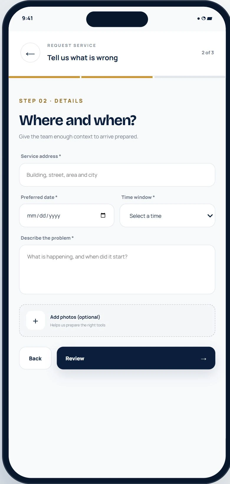 Second mobile service request step collecting property address, preferred visit time, issue description and optional photos