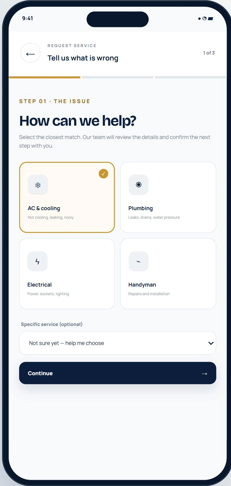First mobile service request step with AC, plumbing, electrical and handyman categories and an optional specific service