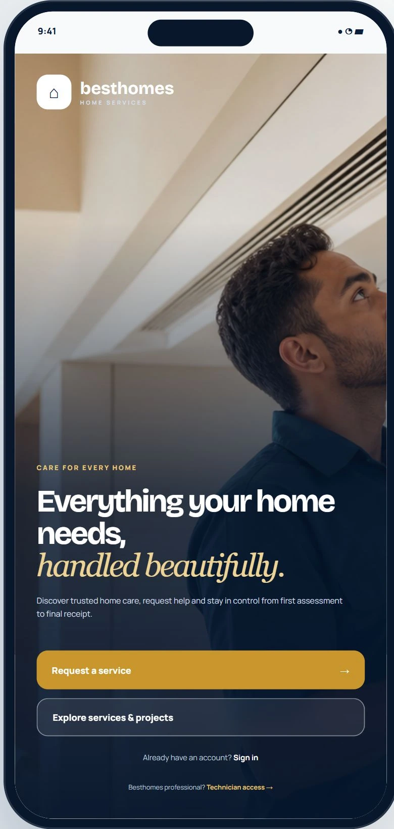 Besthomes mobile welcome screen with home-care photography, Request a service and a separate professional access entry
