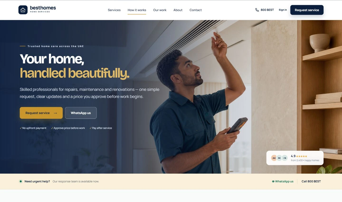 Besthomes desktop website with service navigation, home-care photography and a prominent request-a-service action
