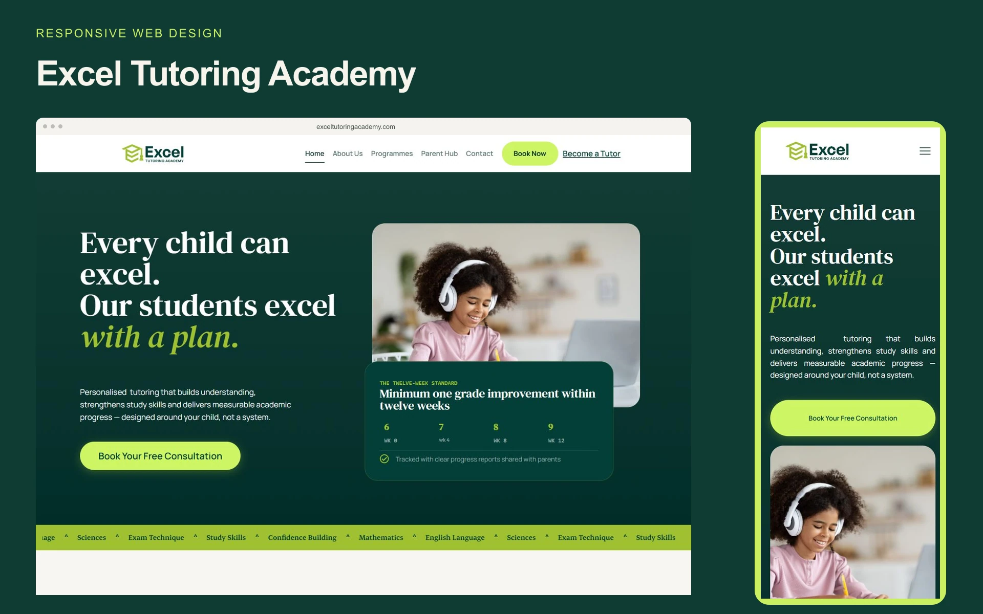 Excel Tutoring Academy responsive website cover with desktop and mobile homepage views on a deep green background