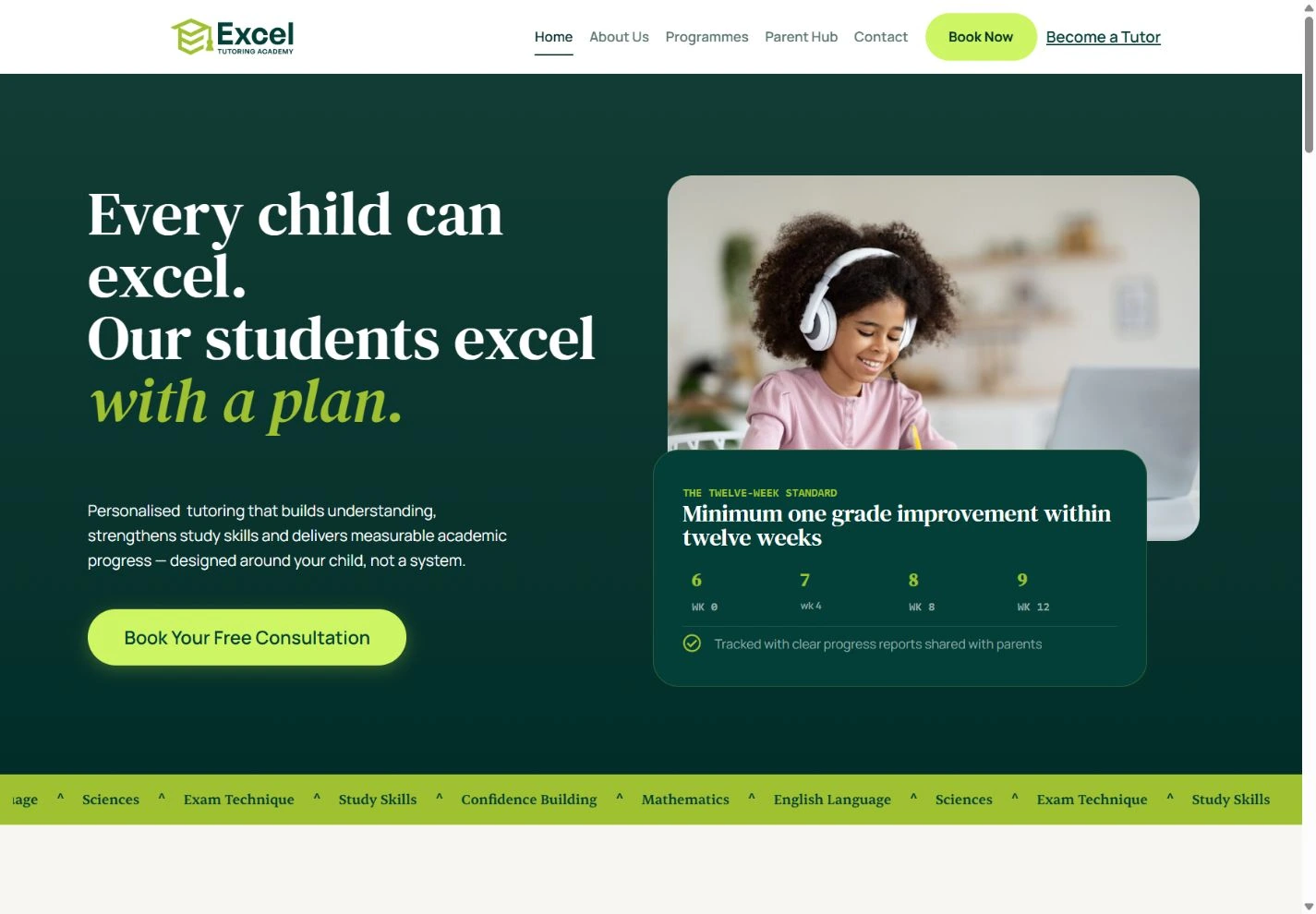 Excel Tutoring Academy desktop homepage with expressive serif typography, student photography, a progress panel and a consultation action