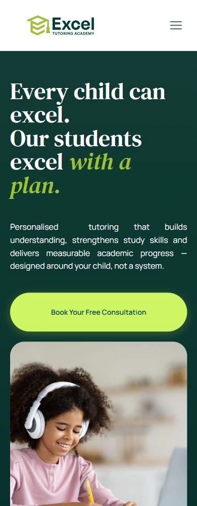 Excel mobile homepage with compact navigation, stacked hero typography, a prominent consultation button and student photography