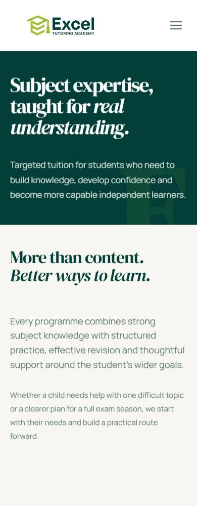 Excel mobile programmes introduction with stacked text, an editorial heading and an explanation of the tutoring approach
