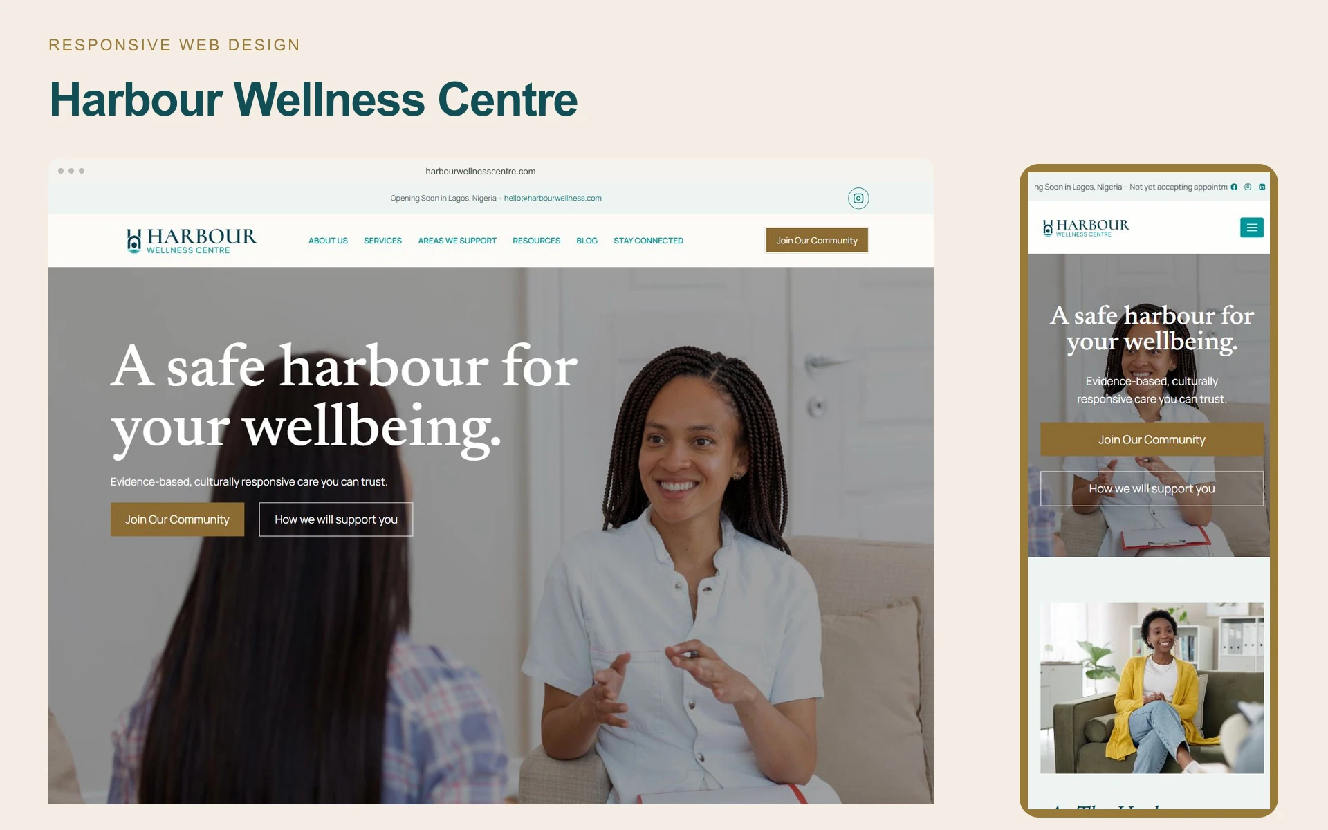 Harbour Wellness Centre responsive website cover presenting its desktop and mobile homepage on a warm cream background