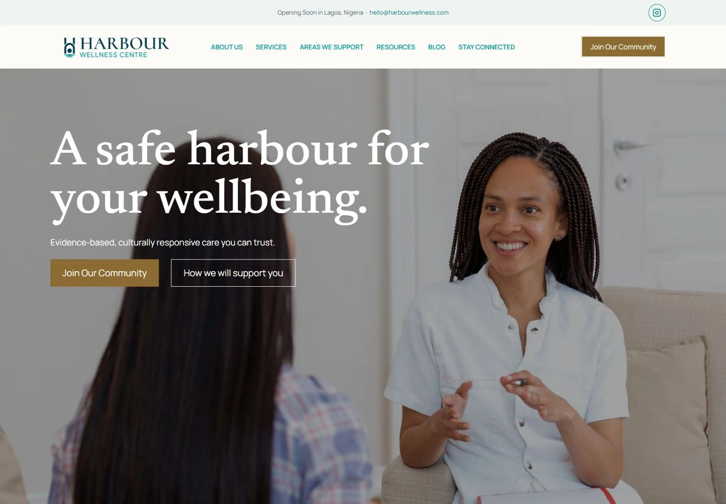 Harbour desktop homepage with a full-width counselling photograph, large serif headline and community and support actions