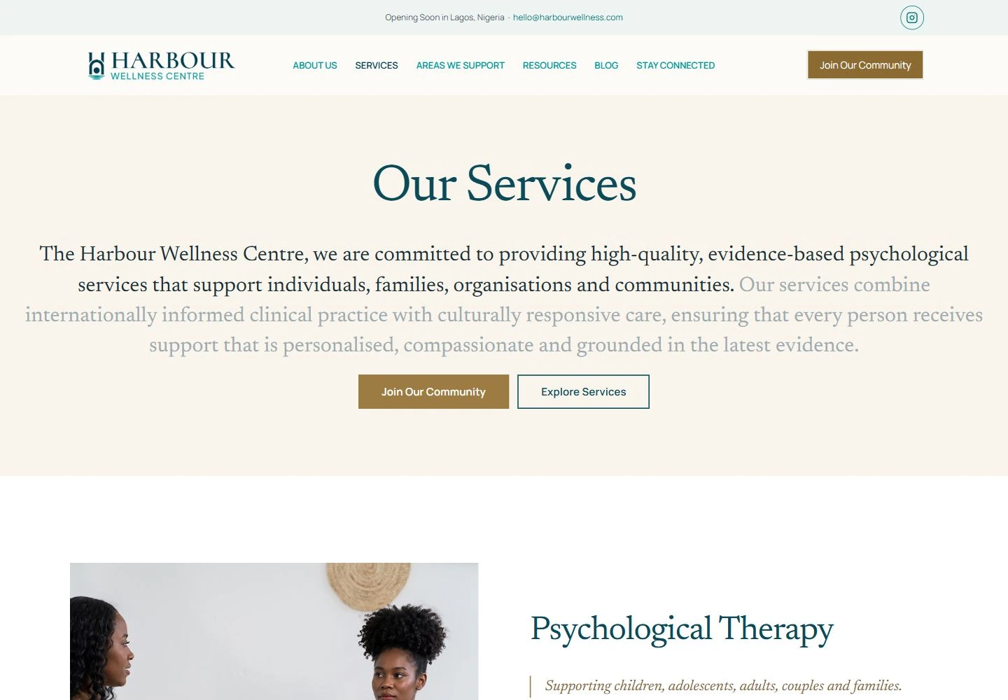 Harbour services page introducing its approach, community action and the first psychological therapy section