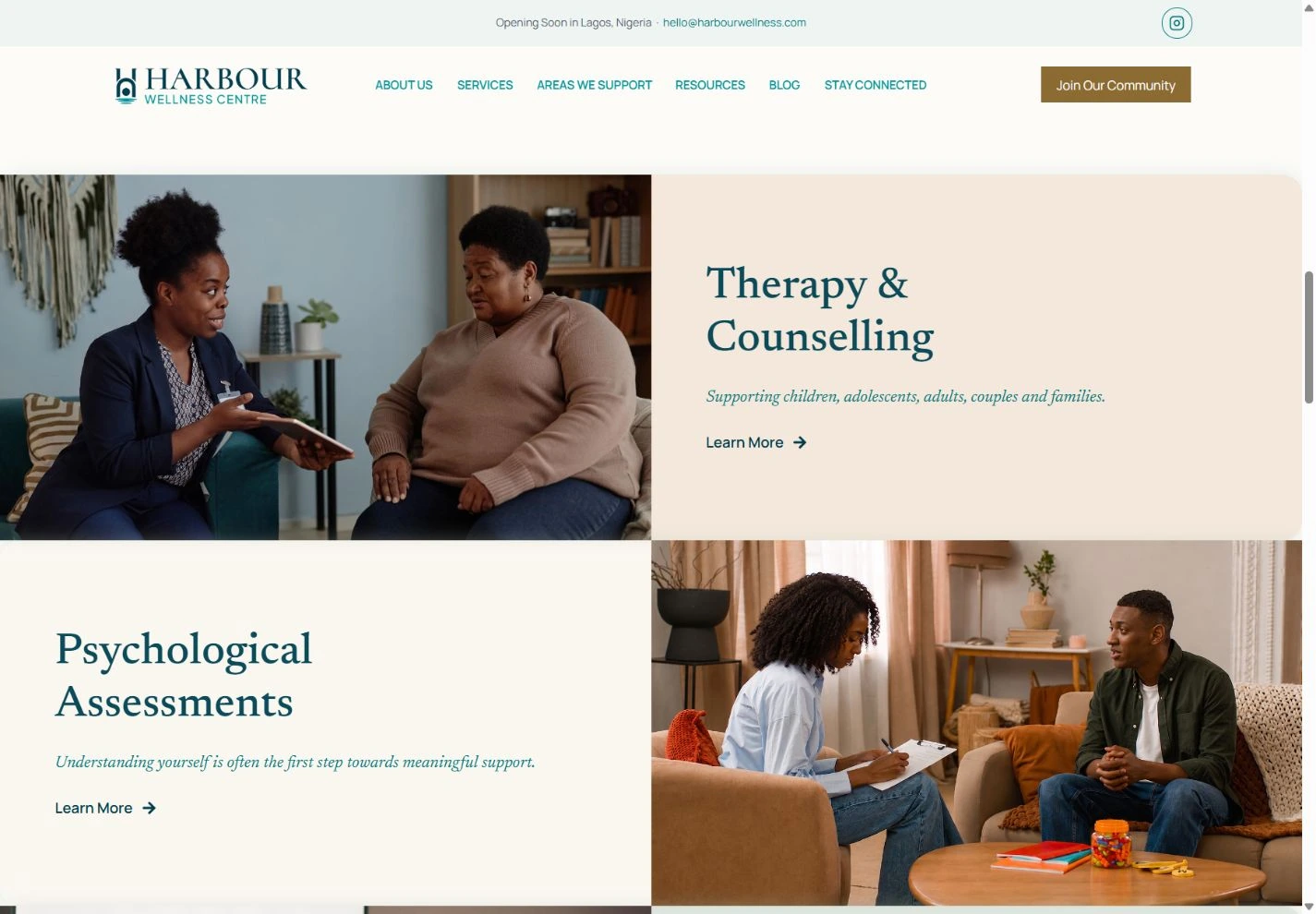 Alternating image and text panels introducing Therapy and Counselling and Psychological Assessments