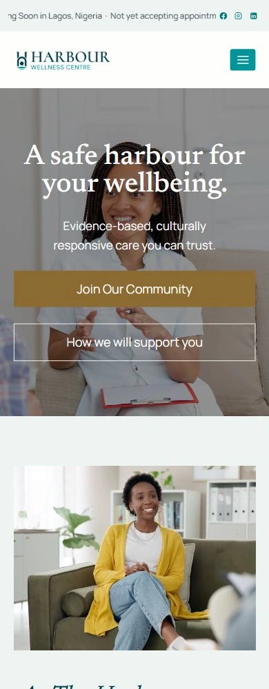 Harbour mobile homepage with a compact menu, portrait hero photograph, stacked actions and the next introductory section