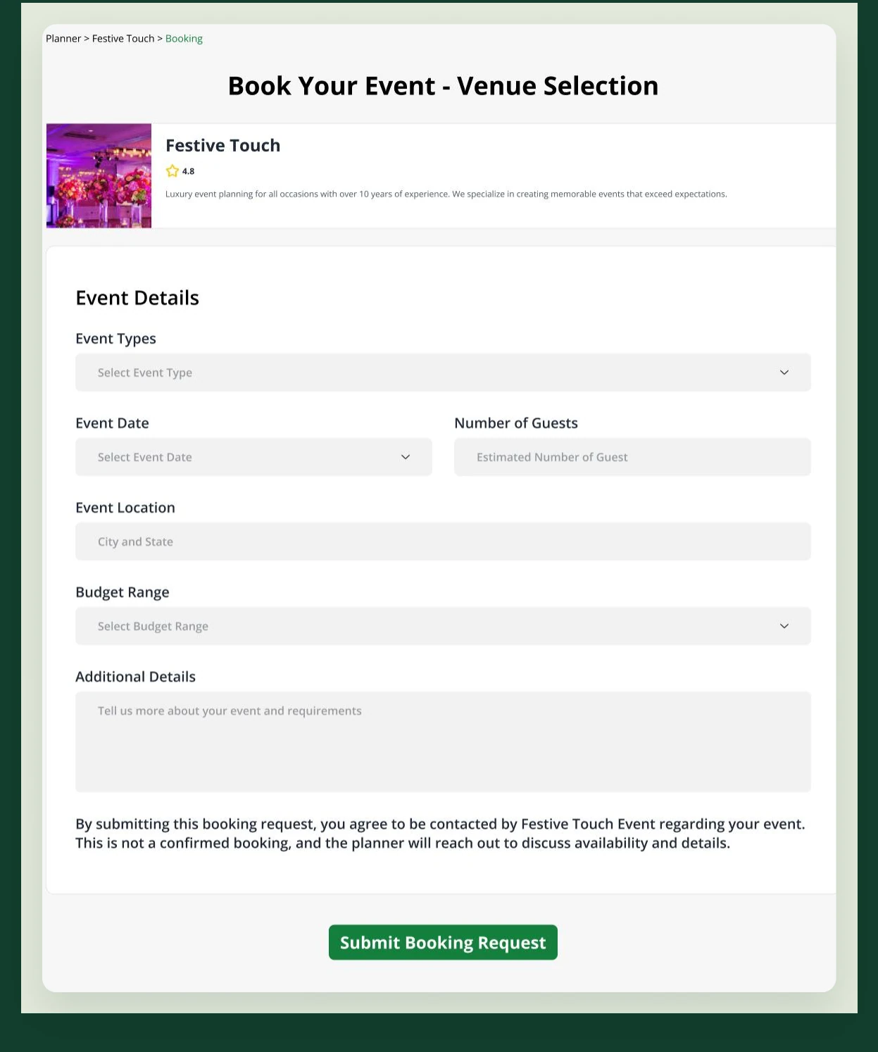 Event-planner enquiry form collecting occasion, date, guest count, location, budget and additional details