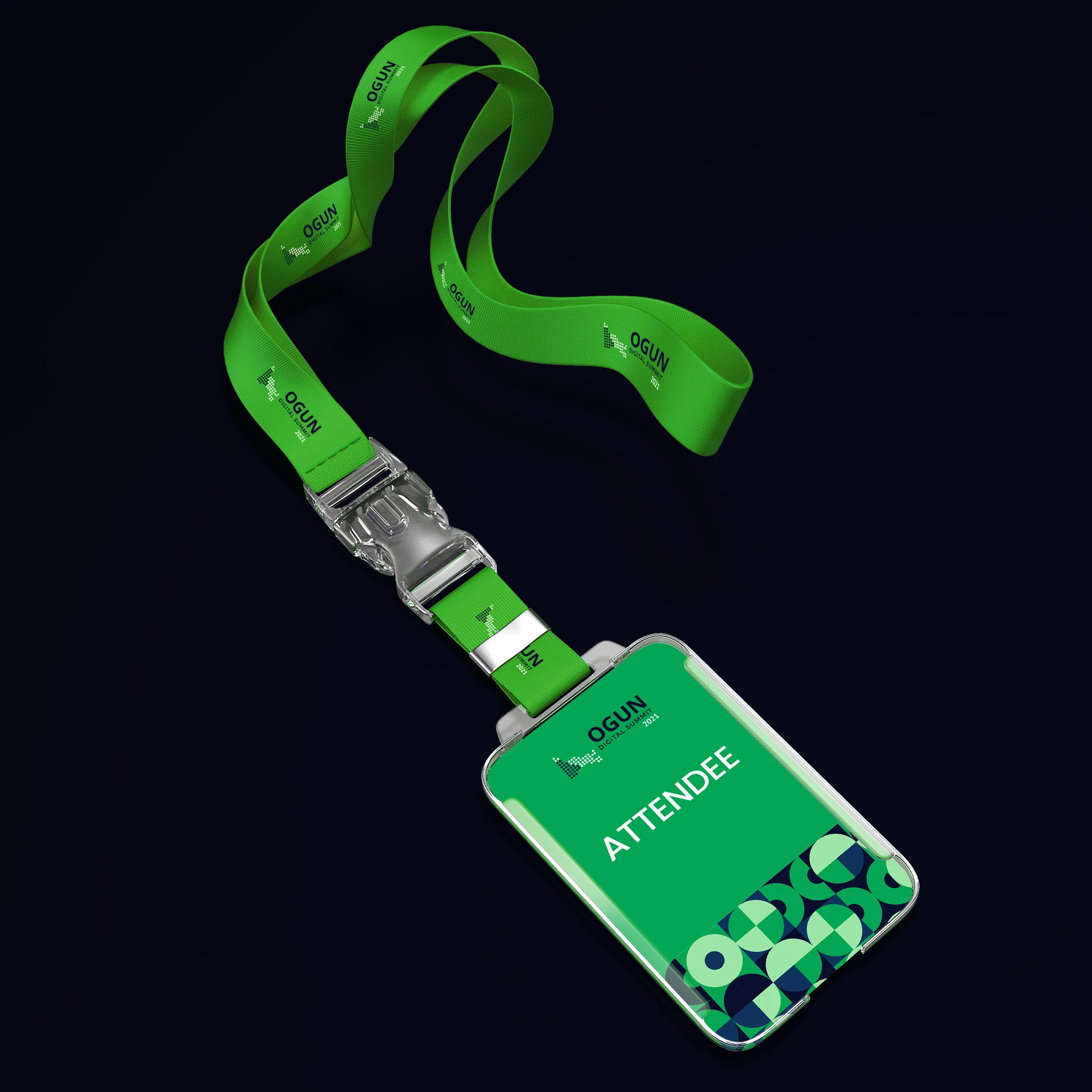 ODS attendee credential with a green lanyard, dotted Ogun mark and geometric pattern on navy
