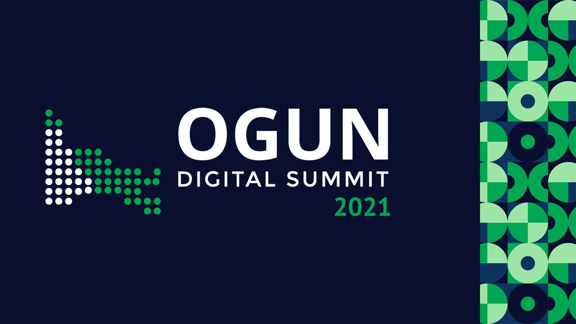 Ogun Digital Summit 2021 dotted logo on navy beside a vertical strip of the green geometric brand pattern