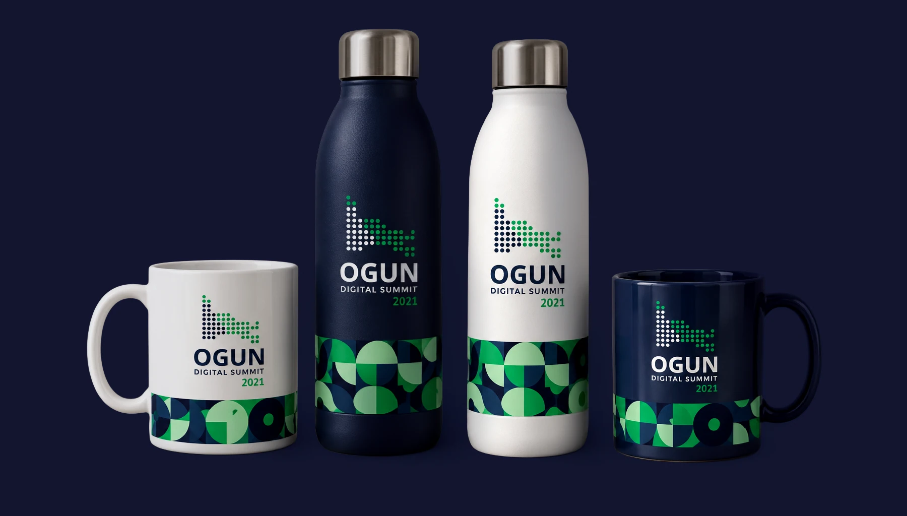 Navy and white ODS bottles and mugs carrying the dotted logo and geometric pattern