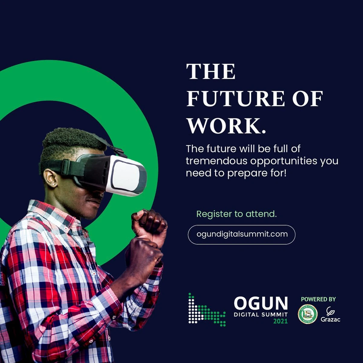 The Future of Work ODS campaign poster with a virtual reality portrait and a bold green circle