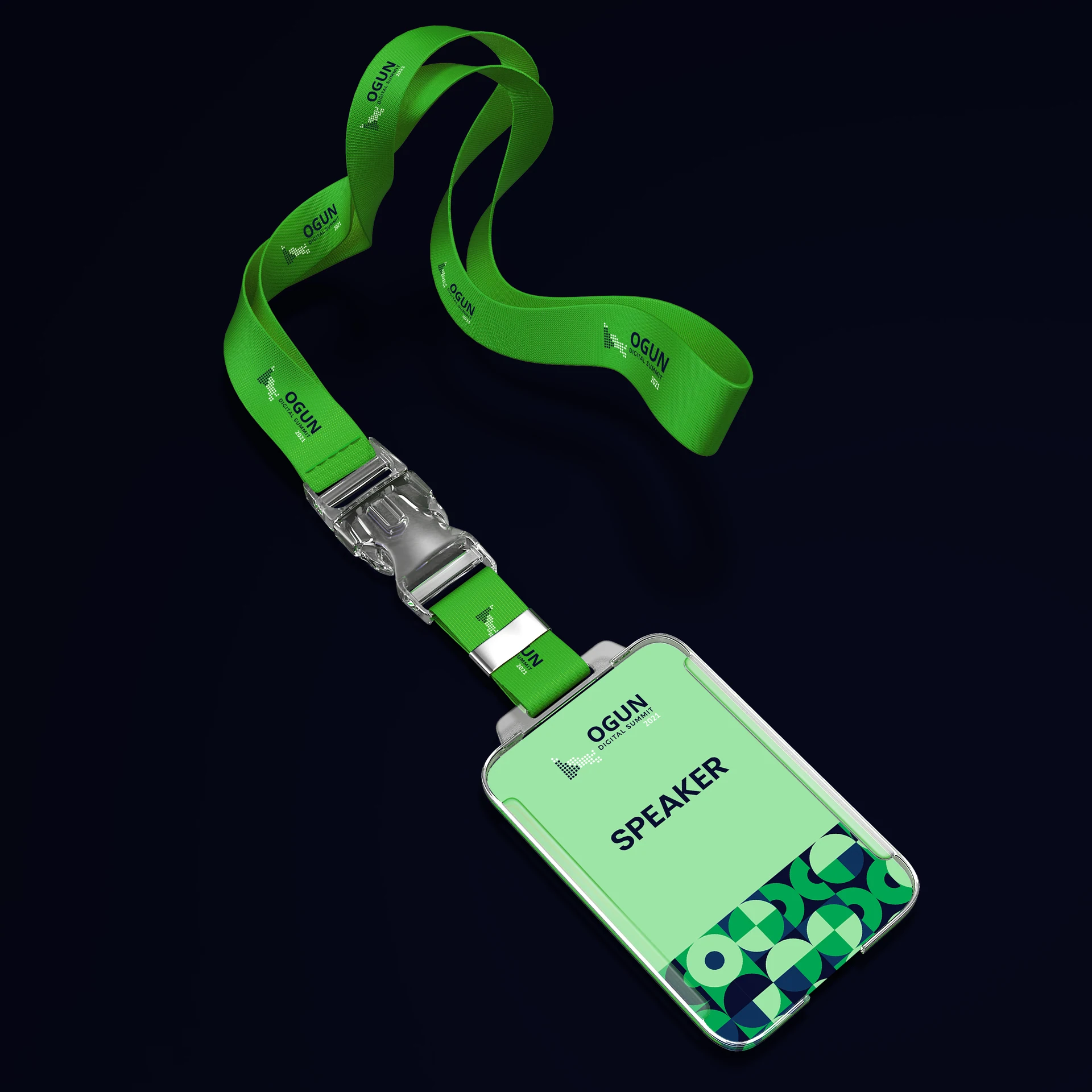ODS speaker credential with a green lanyard and patterned lower edge on navy