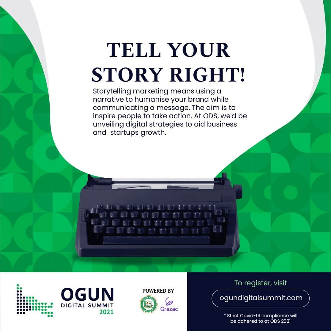 ODS Tell Your Story Right campaign artwork with a typewriter on a green patterned background