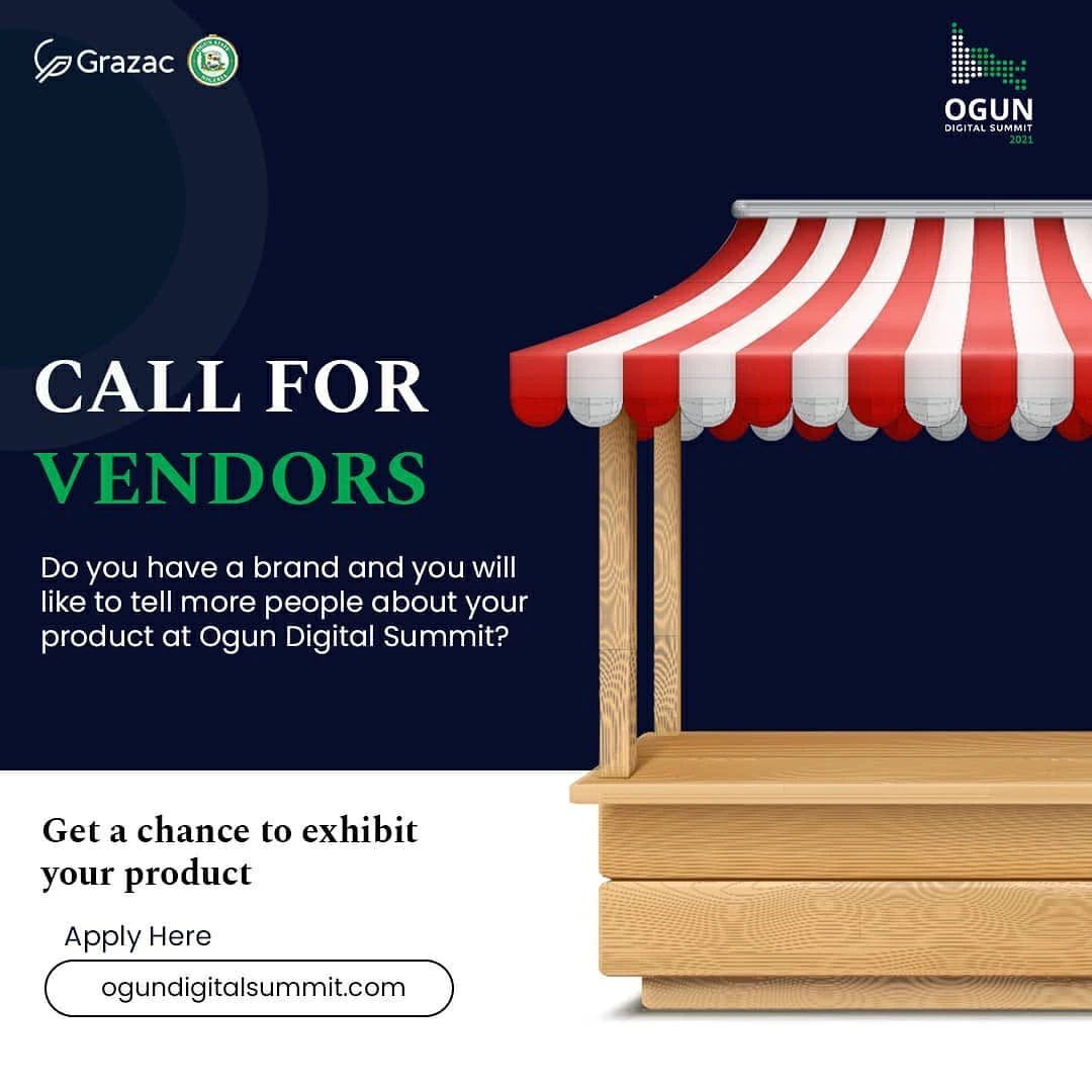ODS Call for Vendors campaign poster using a market stall illustration and navy and white typography