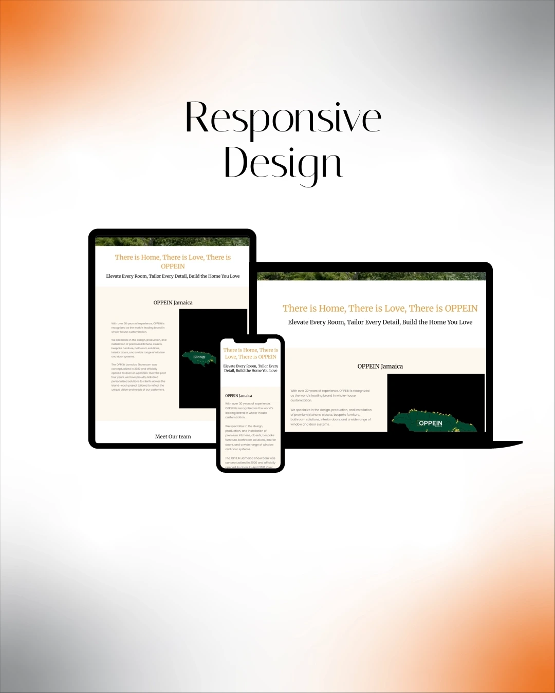 Oppein Jamaica website shown on desktop, tablet and mobile in a still from the launch film