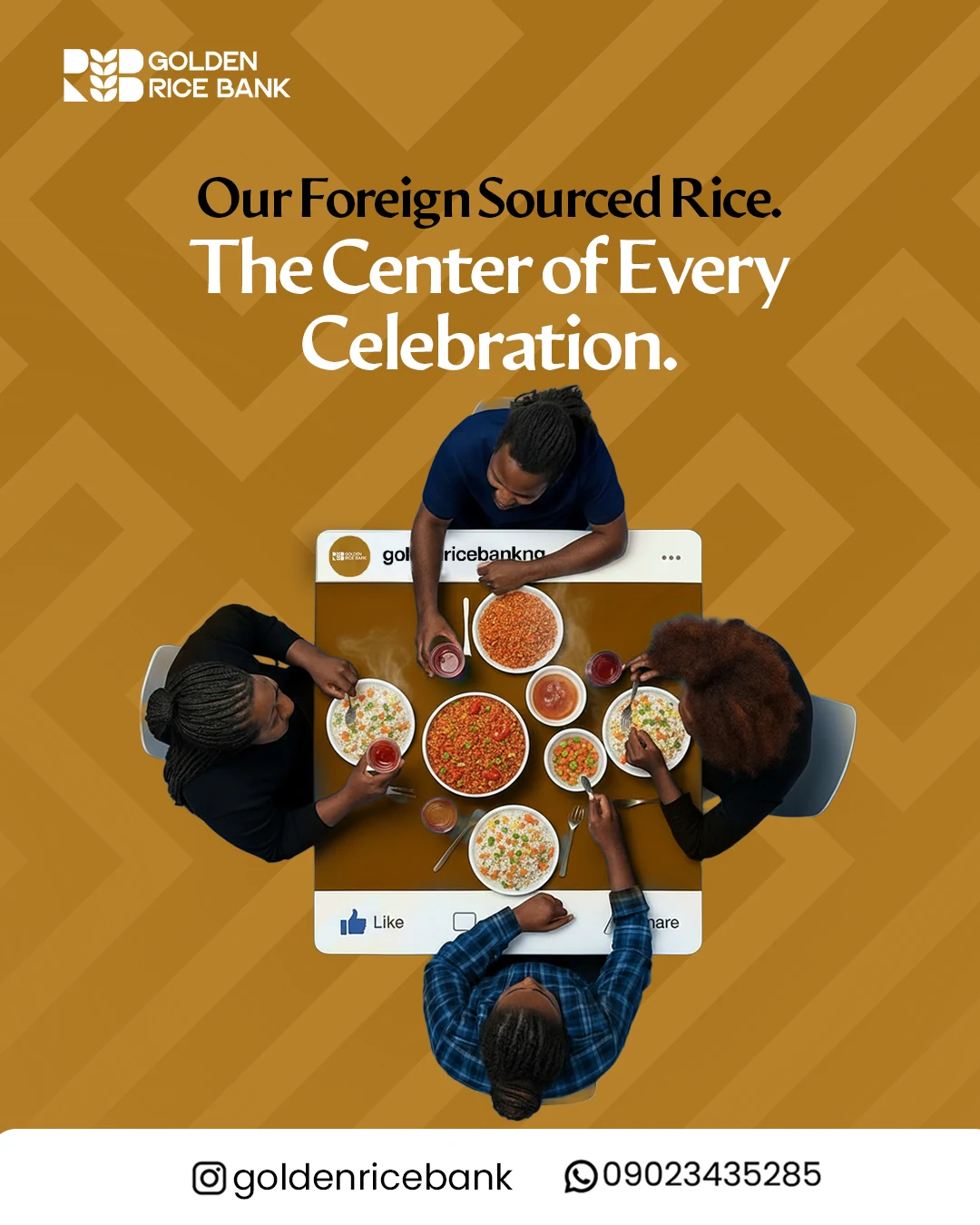 Ricebank celebration flyer showing an overhead shared meal on a golden geometric background