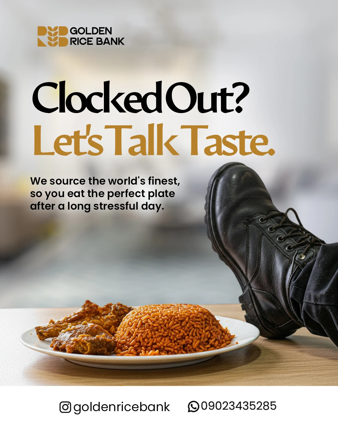 Ricebank Clocked Out, Let’s Talk Taste flyer combining relaxed legs and a plate of jollof rice