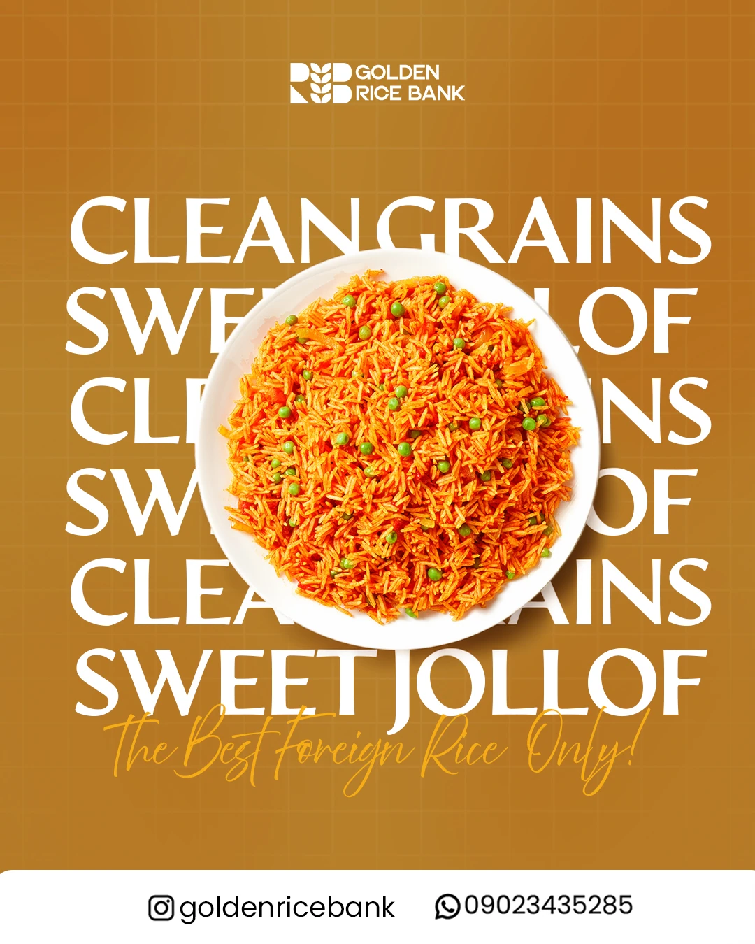 Ricebank flyer with a plate of jollof rice over oversized Clean Grains, Sweet Jollof typography on a golden grid