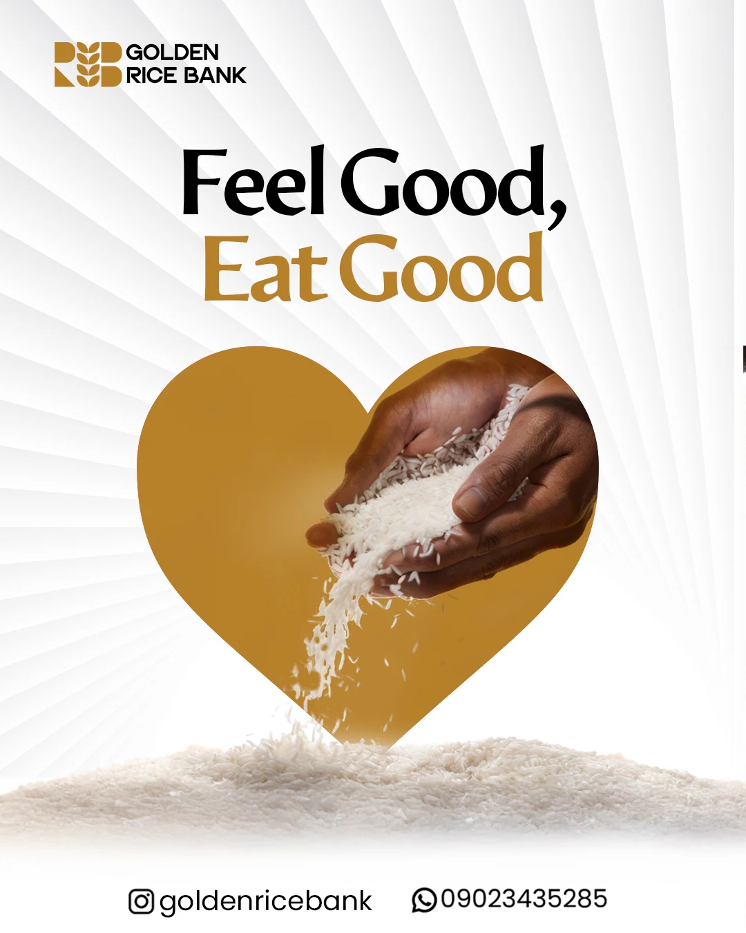 Ricebank Feel Good, Eat Good flyer with a golden heart-shaped opening and a hand pouring rice