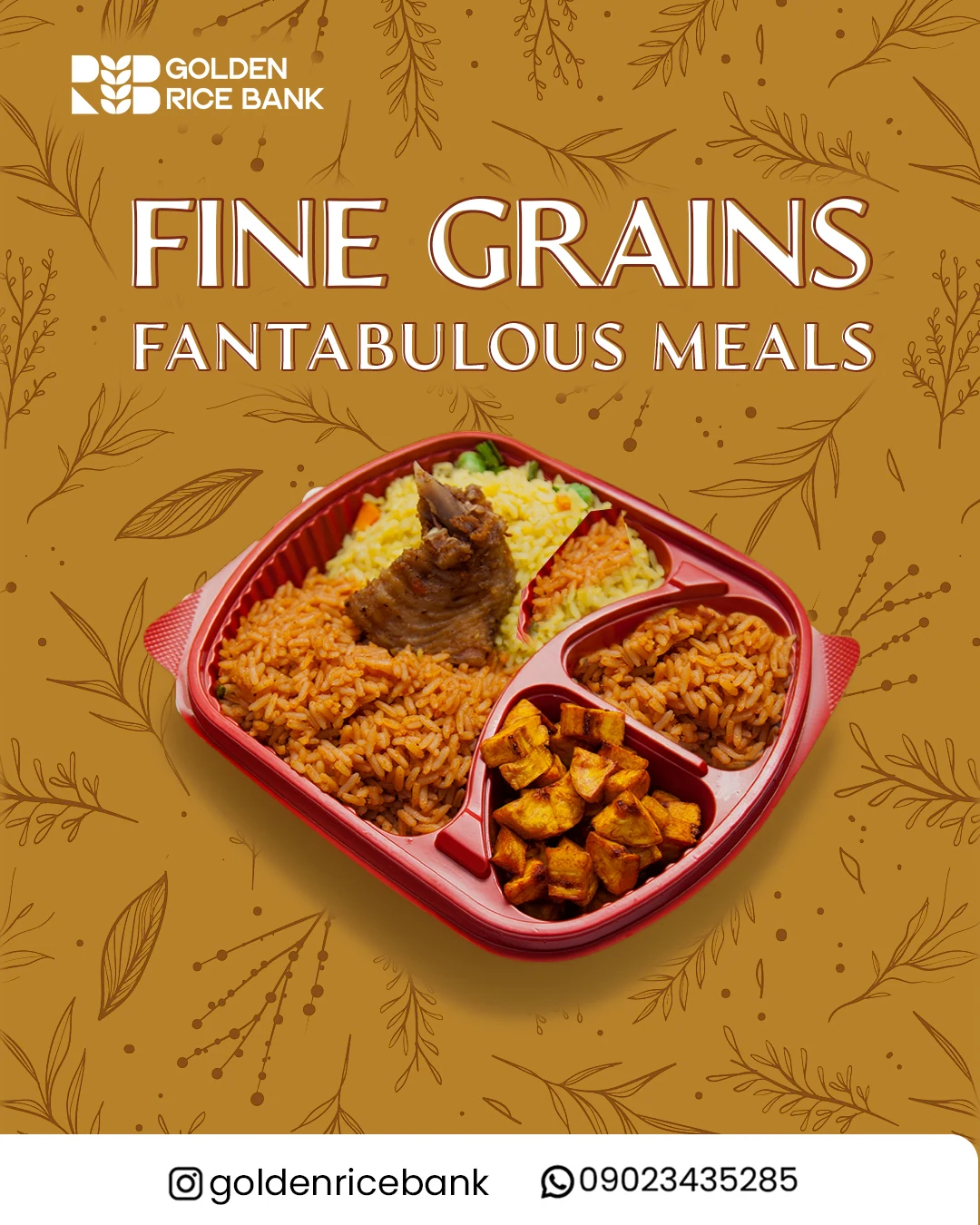 Ricebank Fine Grains, Fantabulous Meals flyer featuring a red plate of rice and chicken against a golden botanical pattern